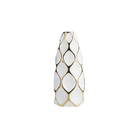 Contemporary White and Gold Lattice Ceramic Vase - 13 inch Geometric Sculptural Decorative Vase