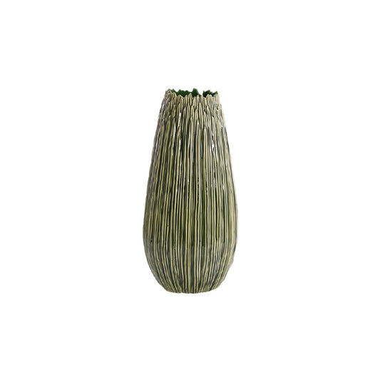 Modern Textured Forest Green Ceramic Vase - 12-inch Vertical Ribbed Decorative Pot