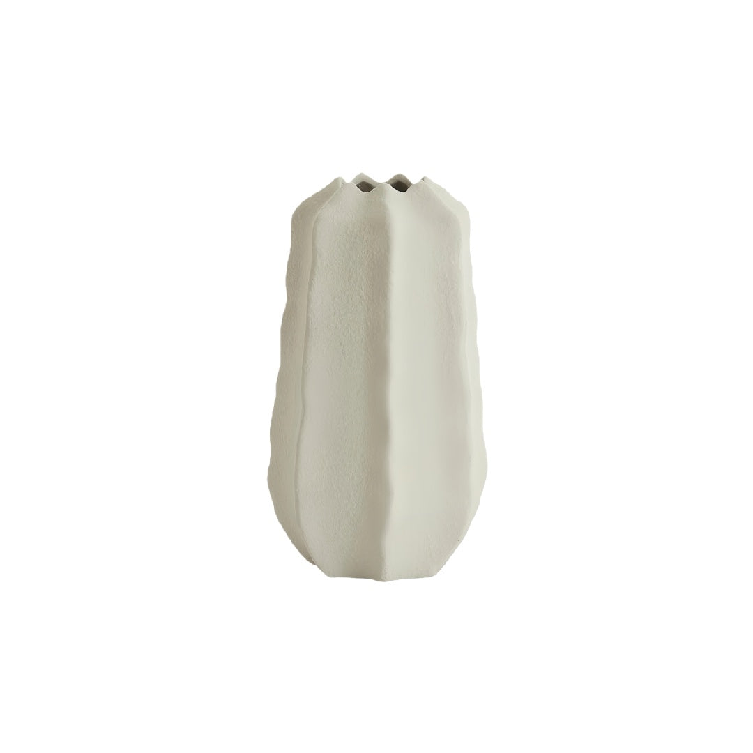 Modern Matte White Vertical Ribbed Ceramic Vase - 9-inch Organic Shape Decorative Pot