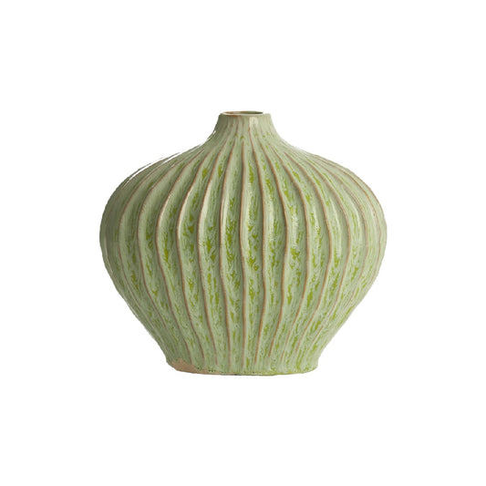 Textured Ribbed Sage Green Ceramic Bulb Vase - Hand-Glazed Decorative Floral Pot