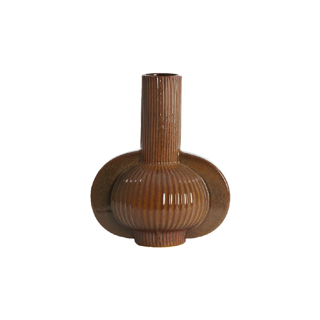 Art Deco Inspired Glossy Brown Ceramic Vase - Textured Ribbed Sculptural Vessel