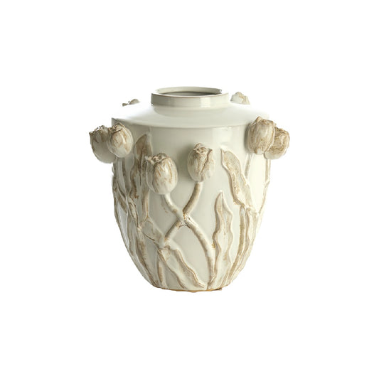Handcrafted Cream Ceramic Vase with 3D Tulip Relief - Antique Style Floral Decorative Jar